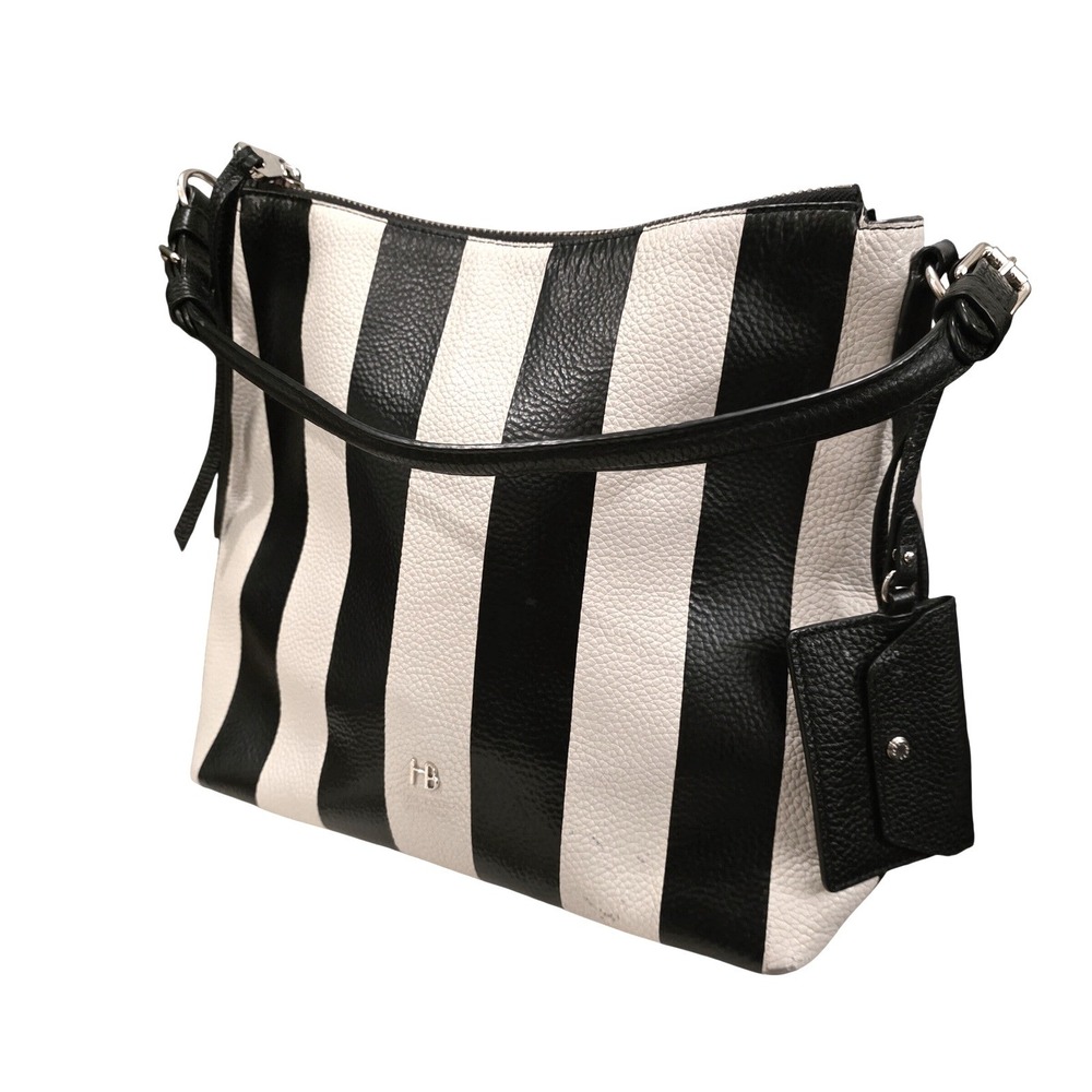 Henri‎ Bendel Black Cream Striped Pebbled Leather Hobo Bag Shoulder Q4 18 SP
